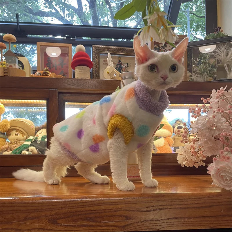 Thick Vest With Polka Dot for Devon Rex in Winter Warm Cmfortable Fleece Sweatshirt for Sphinx Cat Sweet Party Costumes for Pet