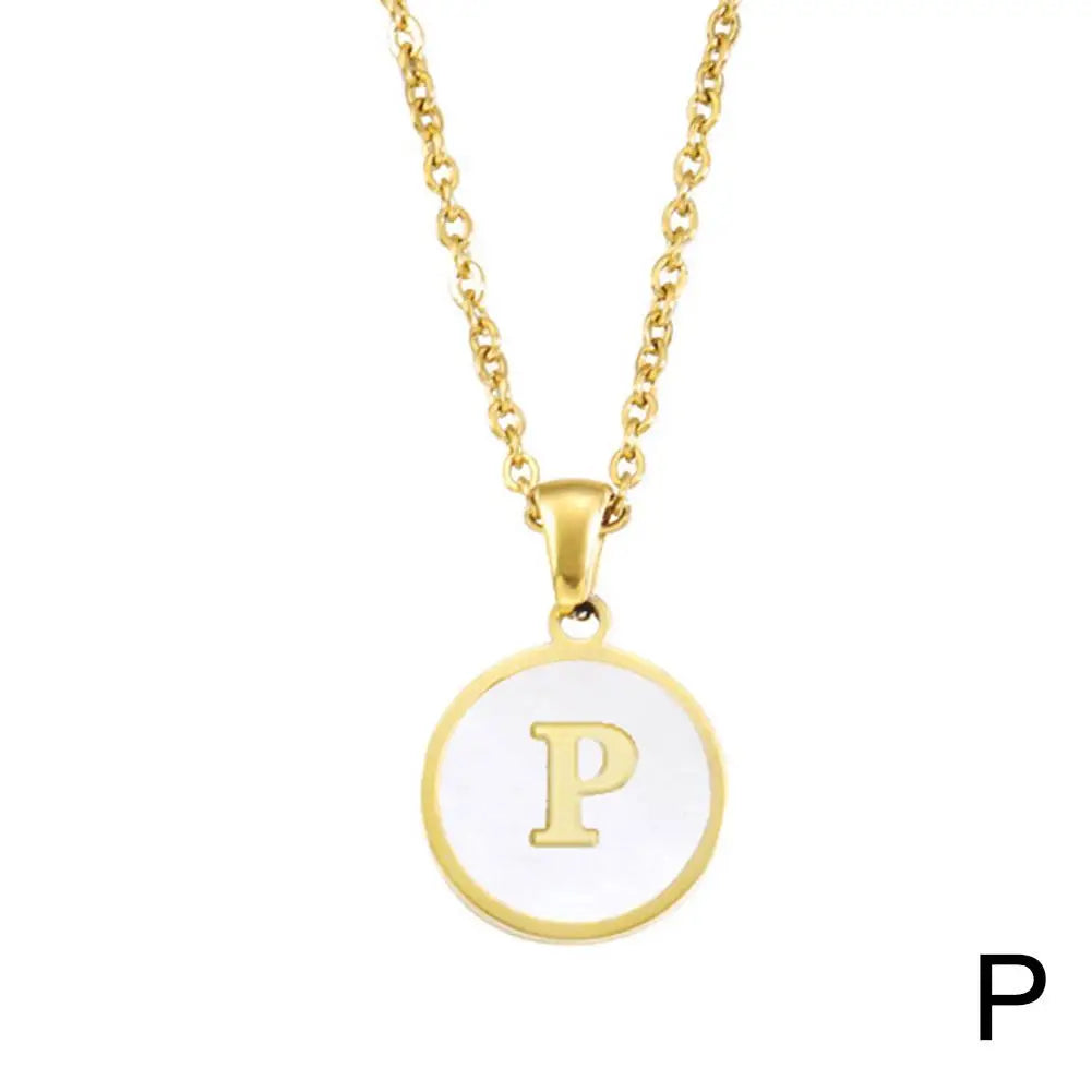 Vintage Initial 26 Letters A To Z White Shell Pendant Necklace Gold Color Steel For Women Men Choker Jewelry Necklace