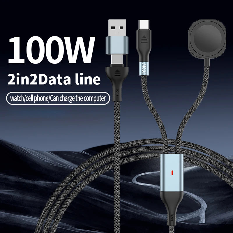 Portable 3 in 2 USB+Type C Magnetic Watch Wireless Charger Charging Date Cable For iPhone 16 Pro Max iWatch 8 Ultra 7 6 SE 5 4