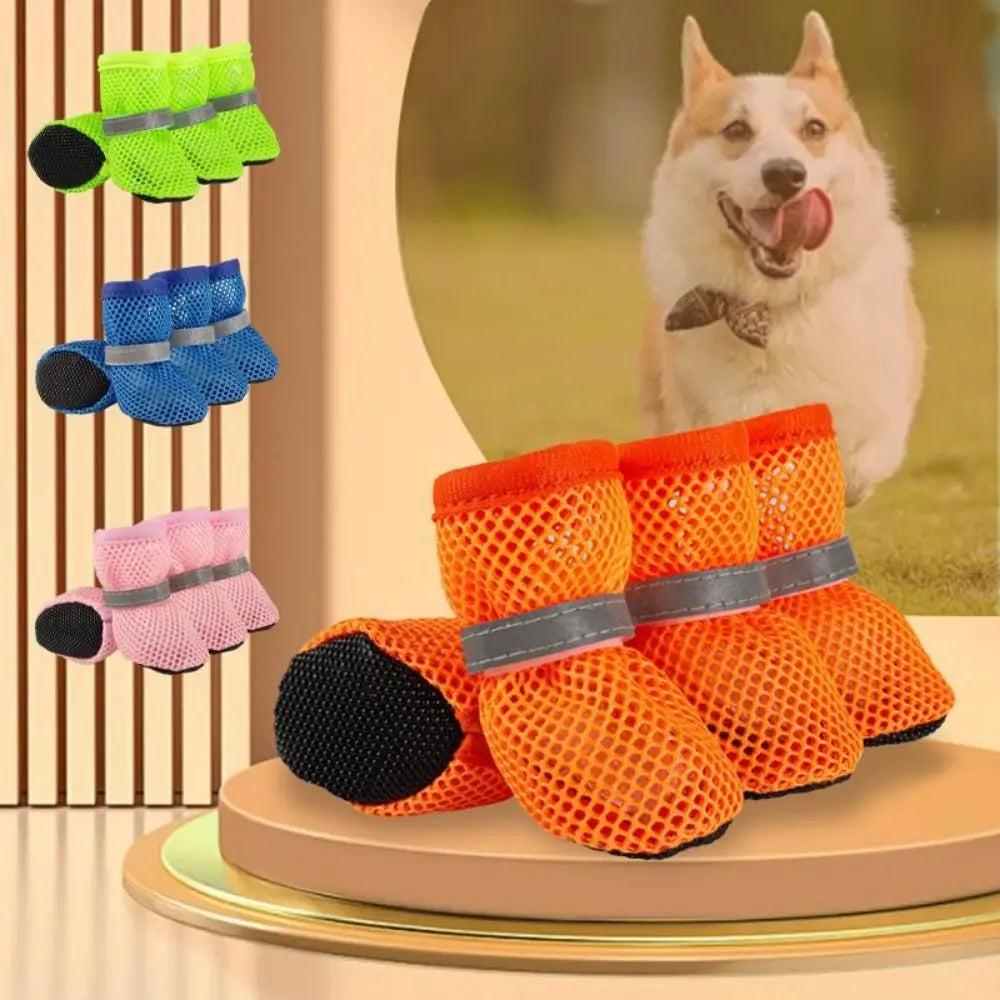 4pcs/set Fashion Breathable Dog Mesh Shoes Non-slip Reflective Dog Net Shoes Wear Resistant Hollow Out Dog Shoes Summer