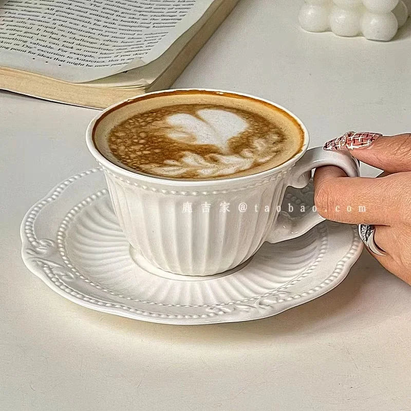 French Retro Relief Flower Cup and Dish Set, Ceramic Coffee Cup, Afternoon Tea Latte Cup, Artistic Home Decoration, Holiday Gift
