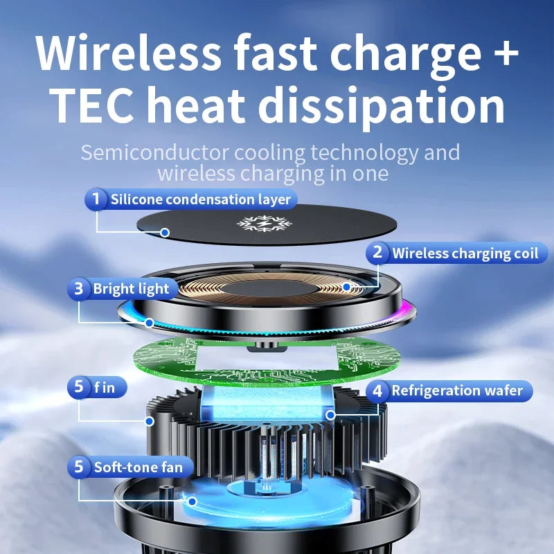 Ice Cooling Magnetic Wireless Car Charger Fast Charging Station for iPhone15 14 13 12 Pro Max 15W Magnet Car Phone Holder Stand