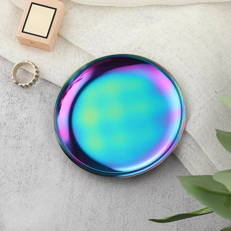 Colorful Metal Trays 10cm Round Stainless Steel Shallow Plates Vacuum Plating Jewelry Holder Desk Organizer