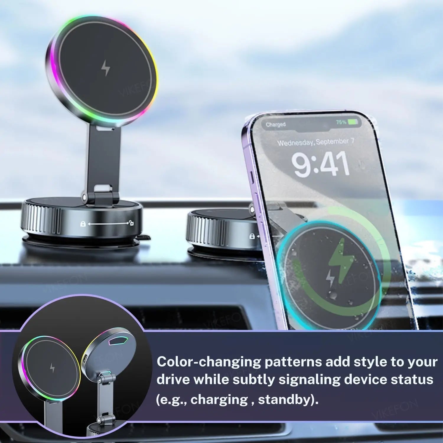 Cooling Wireless Charger Car Phone Holder with Breathing RGB Light Magnetic Suction Cellphone Bracket  for iPhone 12/13/14/15/16