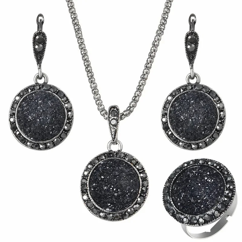 Fashion Black Ring Necklace Earrings Set Sparkling Charm Crystal