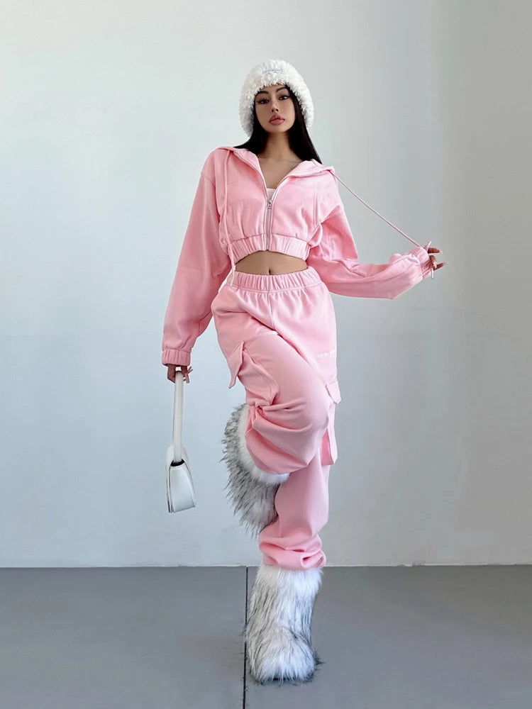 WOMENGAGA Short Zipper Sweatshirt Large Pocket Wide Leg Pants Two Piece Casual Plush Set For Winter Women Fashion Sweet 2PTB