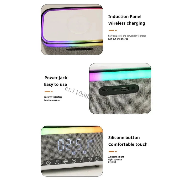 New Smart 6-in-1 Bluetooth Speaker 60W Wireless Charger Bedhead Night Light Alarm Clock LED Clock with FM Radio Music Cente