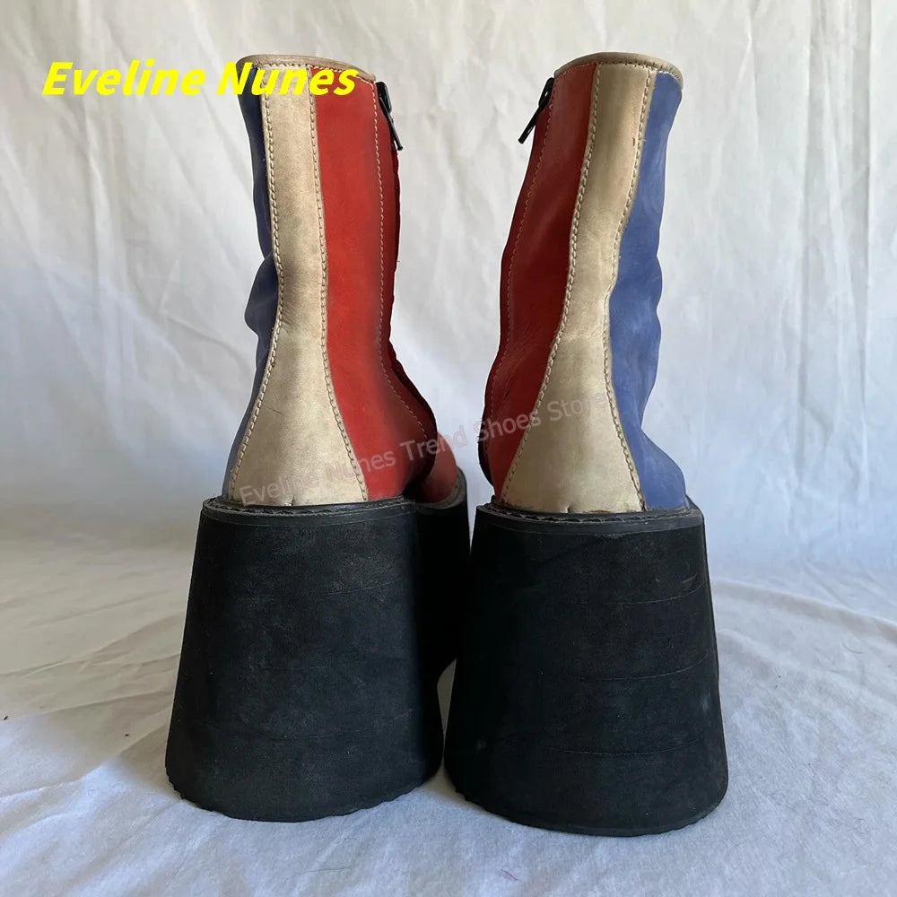 Y2K Red Blue Platform Ankle Boots Round Toe Side Zipper Color