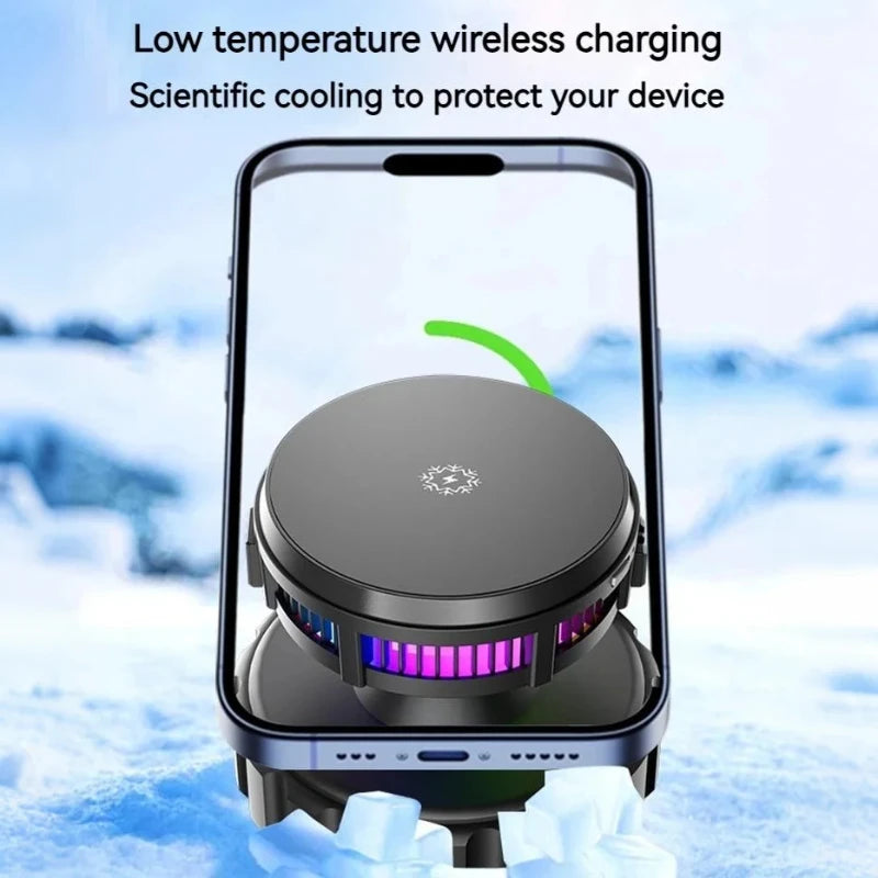 15W Car Magnetic Wireless Charger Phone Stand, Suction Cup with Semiconductor Cooling & Colorful Ambient Lights, 360° Rotatable