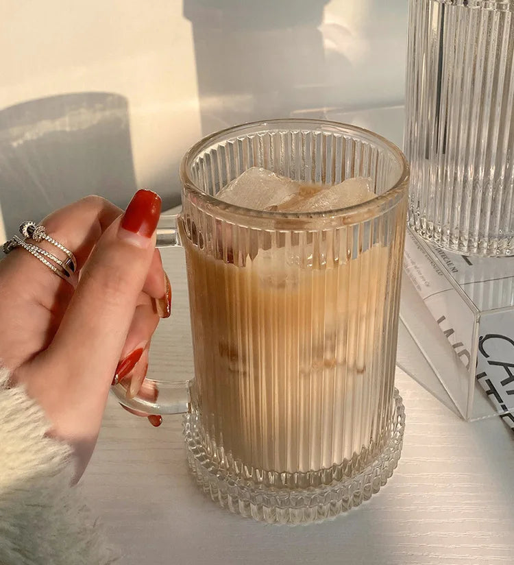 Transparent Coffee Mugs Simple Stripe Glass Cup with Lid Straw Tea Cup Juice Drinking Wine Beer Milk Breakfast Shot Glasses Set