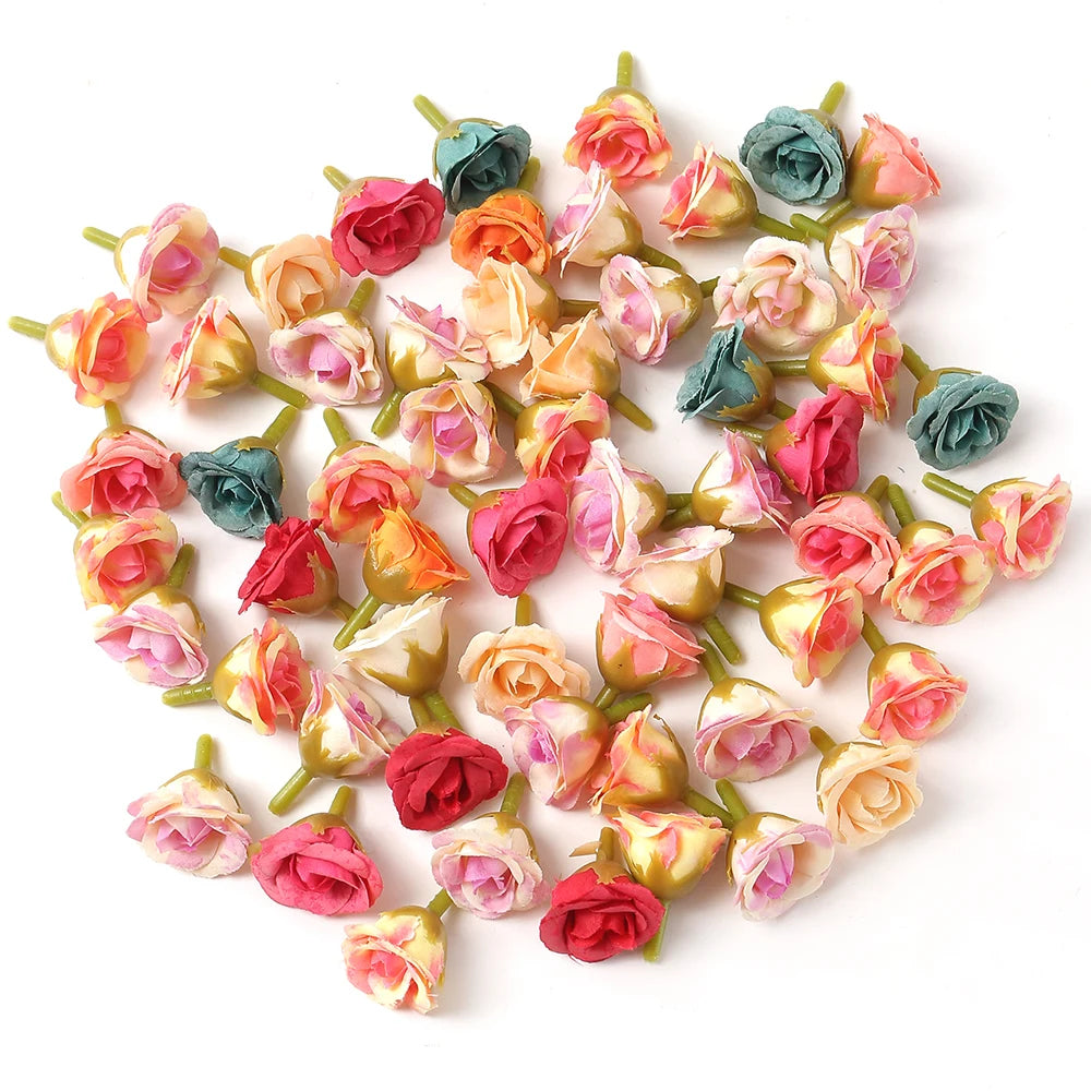 100Pcs Mini Silk Rose Artificial Flowers Head Fake Flowers For Home Decor Wedding Decoration DIY Bride Wreath Gifts Accessories