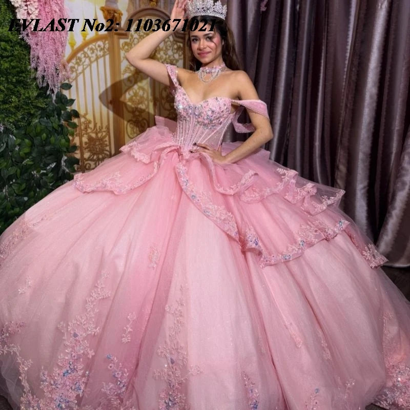 EVLAST Customized Princess Pink Qinceanera Dress Ball Gown Shiny Lace Applique Beading Tiered Sweet 16 Vestidos 15 Anos E2QA332