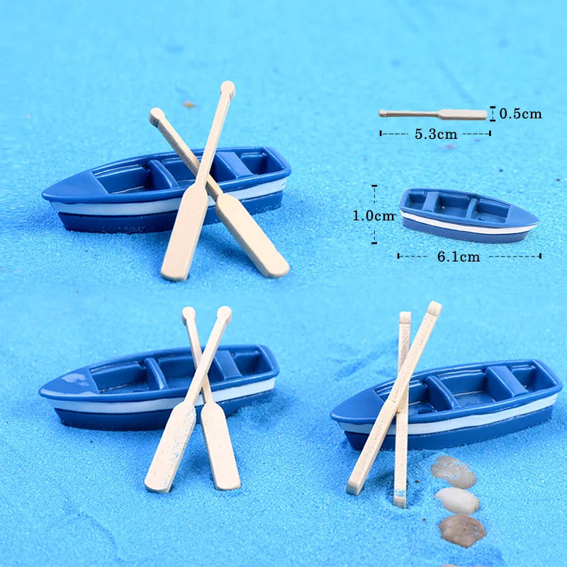 Blue Resin Boat Wood Paddles Oars Figures Decorative Figurine Diy Home Decor Mini Fairy Garden Aquarium Fish Tank Statue Craft