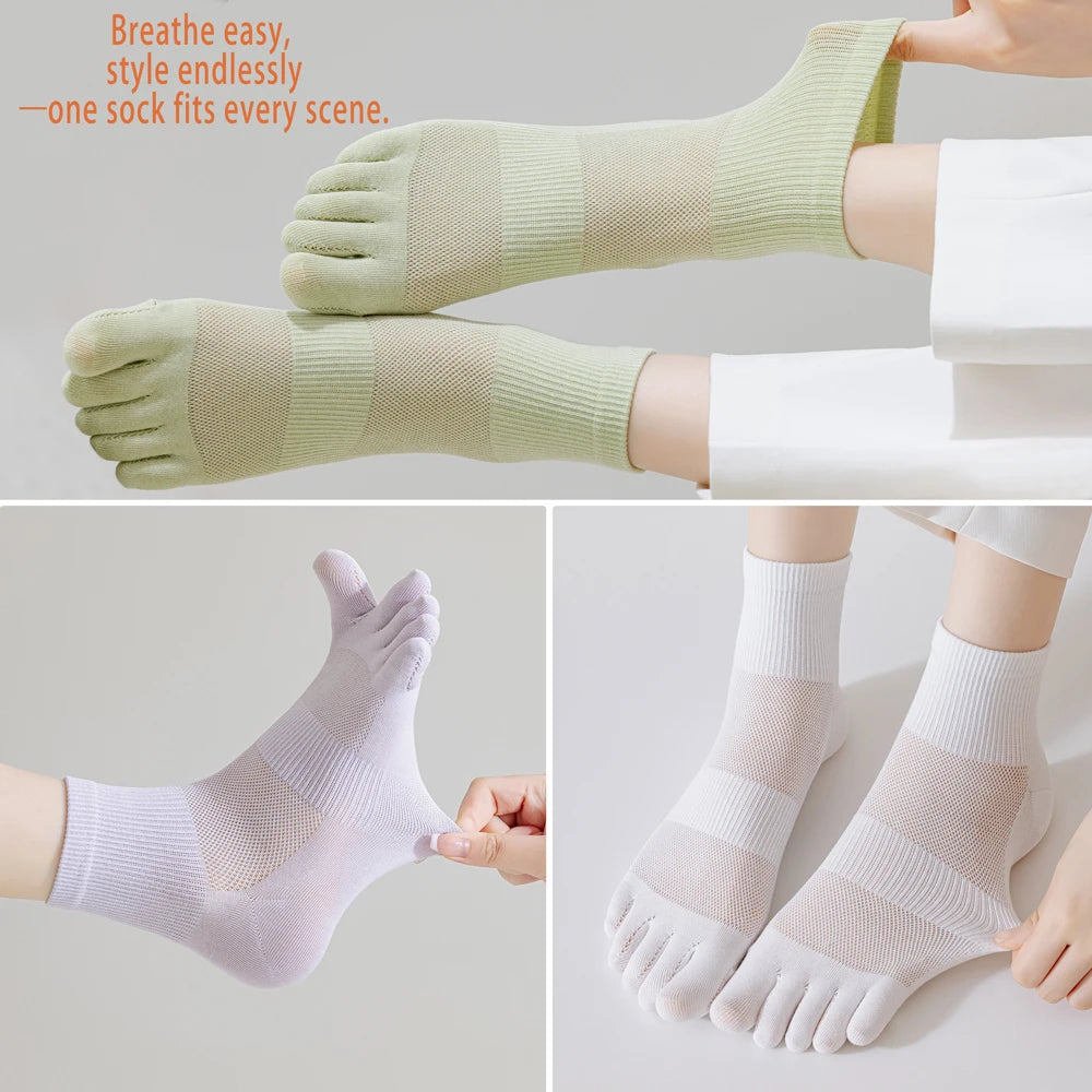 3 Pairs Women's Summer Toe Separator Socks - Pure Cotton, Antibacterial Anti-Odor, Breathable Mesh Design for Fungal Protection