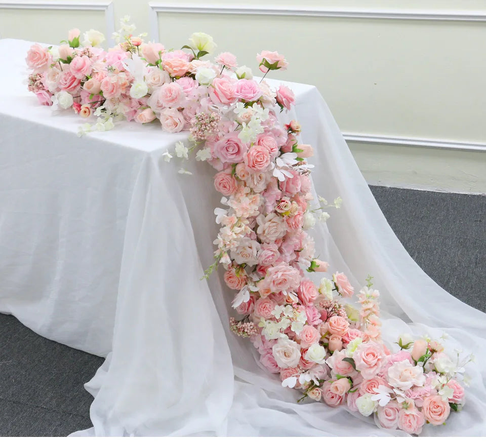 White Wedding Backdrop Decor Rose Floor Flower Runner Event Table Centerpieces Ball Pink Floral Strip Arrangement Party Props