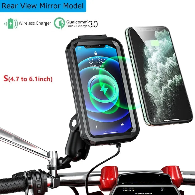 2022 Waterproof Case 12V Motorcycle Phone Holder Wireless Charger 15W Qi/ Type C PD USB Fast Charge Mount Box Double Socket Arms