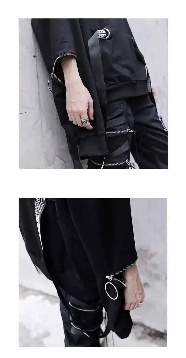 HKSH Spring Autumn New Outfit China-Chic Dark Ribbon Zipper Men Tide Dark Hooded Sweatshirt Original Punk Ins Cargo Pants HK0531