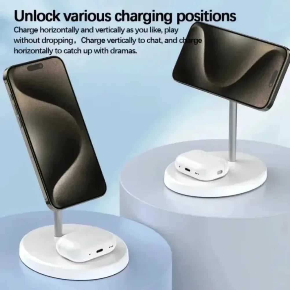 2 In 1 Fast Wireless Charging Station Dock Magnetic Wireless Charger Stand Phone Earphone For iPhone 16 15 14 13 12 For Airpods