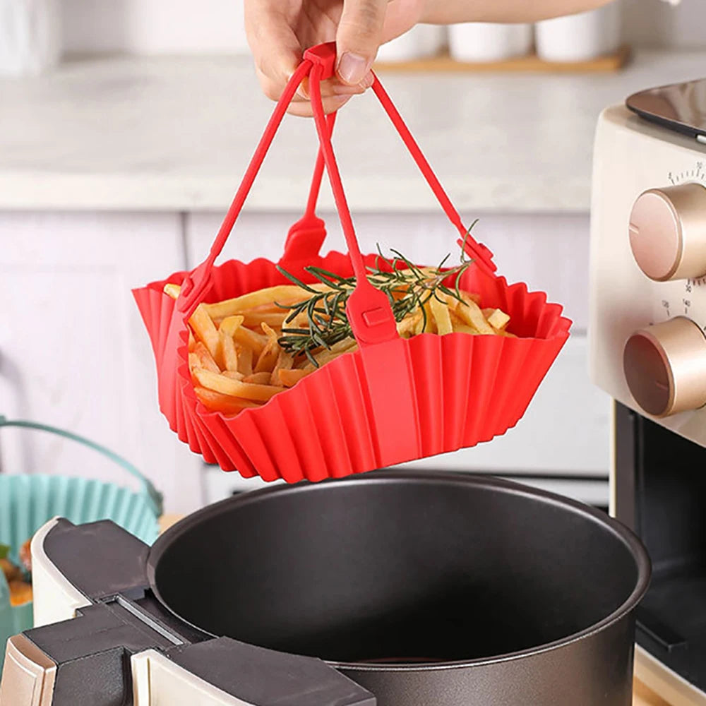 Reusable Air Fryer Baking Tray Silicone Airfryer Liner Oven Mat with Handle Basket Pizza Fried Chicken Grill Pan Mat For Kitchen