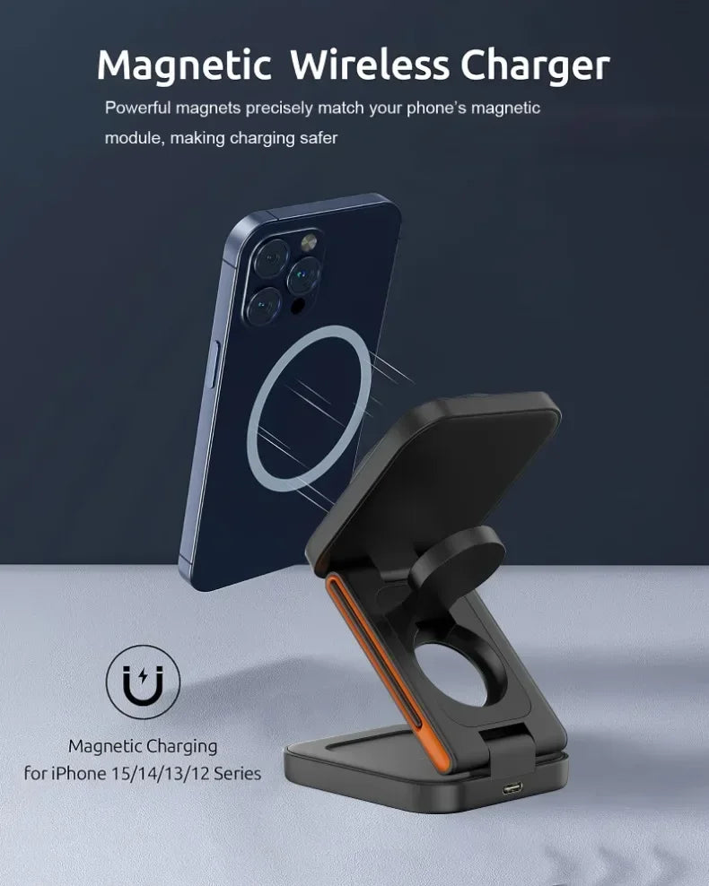 3 in 1 Foldable Magnetic Wireless Charger Stand 100W Fast Charging Station for iPhone 16 15 14 13 12 iWatch 10-2 Airpods Pro Max