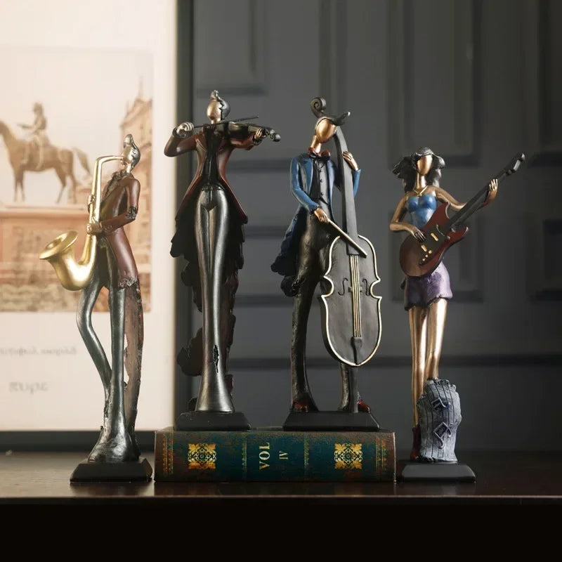 Vintage Play An Instrument Band Decoration Art Character Model Statue Creativity Figurines For Interior Desk Accessories Crafts