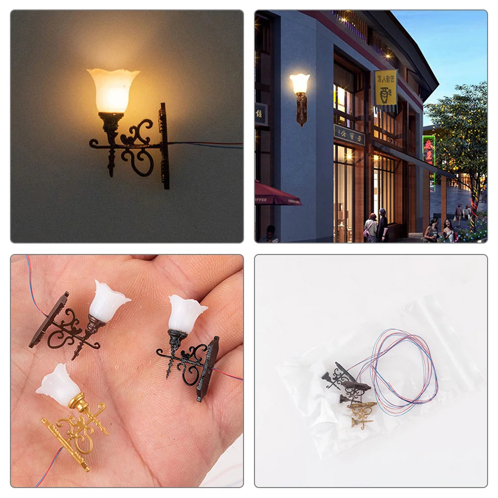 5Pcs Stainless Steel Abs Miniature Wall Lamp Models Sand Table Accessories Tiny Lamps For Diorama Decorative Figurines Warm