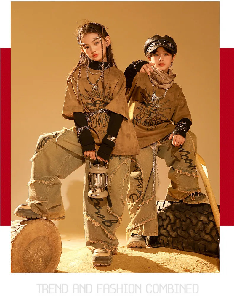 Boys Wasteland Punk Street Dance Sweatshirt Jeans Pants Girls Hip Hop Clothes Sets Kids Jazz Stage Costumes Children Streetwear