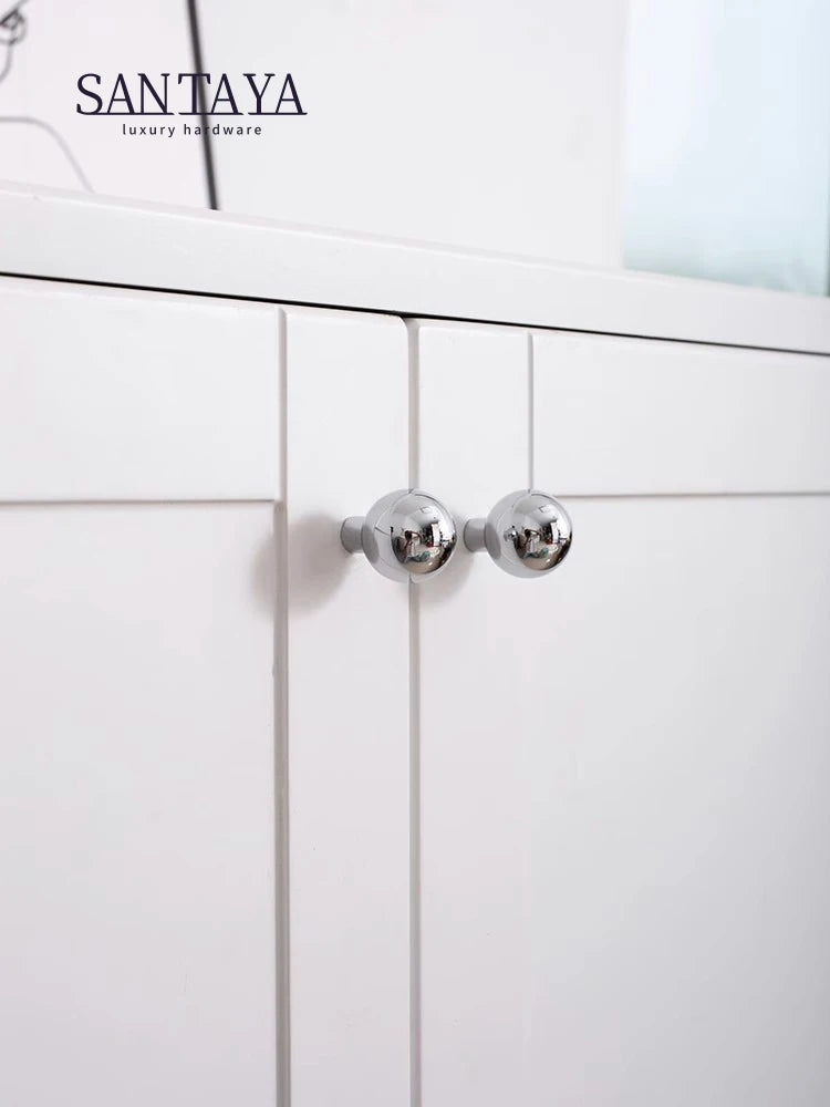 Santaya Brass Drawer Round Knobs Chrome Bright Silver Modern Minimalist Dresser Handle Single Hole Ball Kitchen Cabinet Pulls