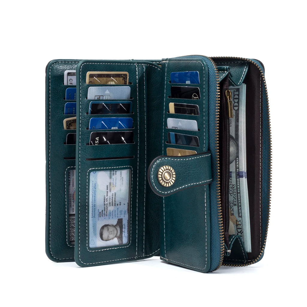 Rfid Anti-Theft Wallet for Men and Women, European and American Retro Leather Long Wallet Clutch, Oil-Waxed Leather Hollow-Out Multi-Card Slot Wallet, Large Capacity Zipper 70% off Clutch Bag, Card Holder Coin Purse Wallet Ha