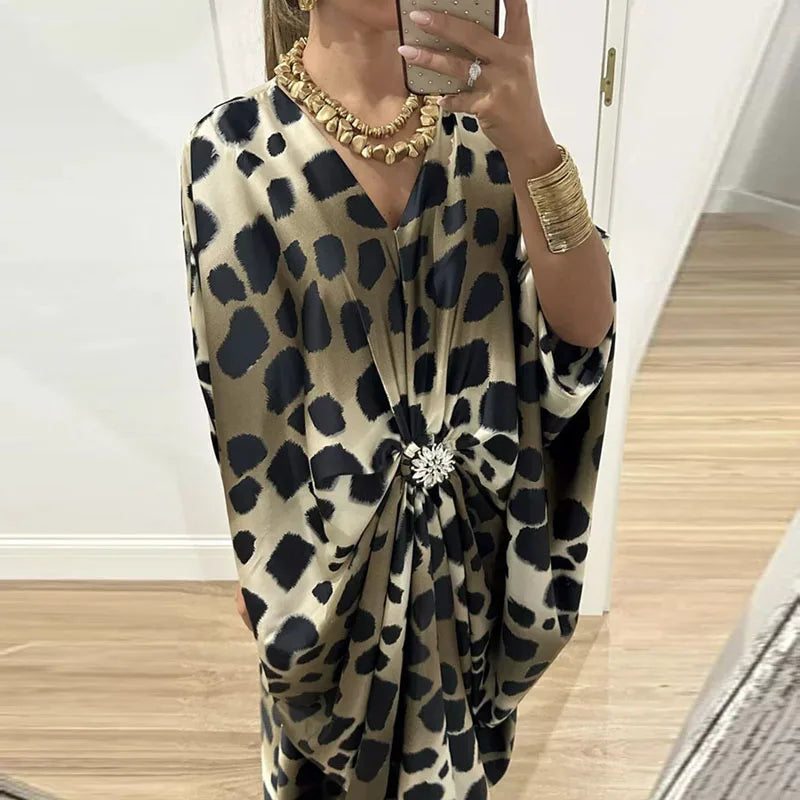 Spring Elegant Abstract Print Kaftan Dress Women's V Neck Batwing Sleeve Maxi Dress Bohemian Vacation Ruched Waist Evening Gowns