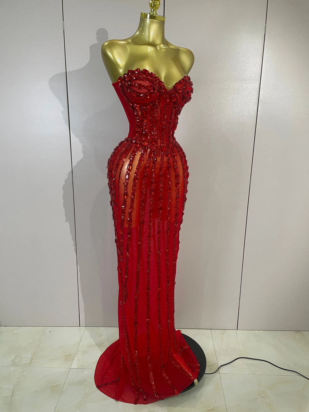 Sexy Red Strapless Mesh See Through Long Dress Evening Party