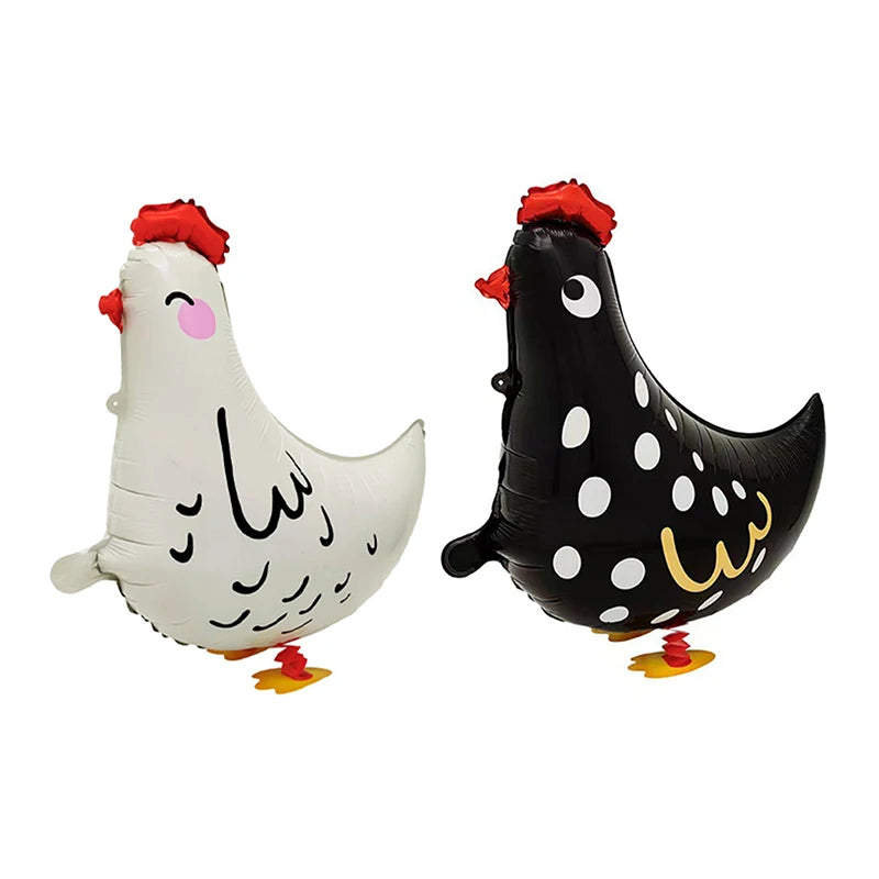 2Pcs Chicken-Shaped Aluminum Foil Balloons Black & White Polka Dot Cartoon Standing Decorations for Children's Birthday Party