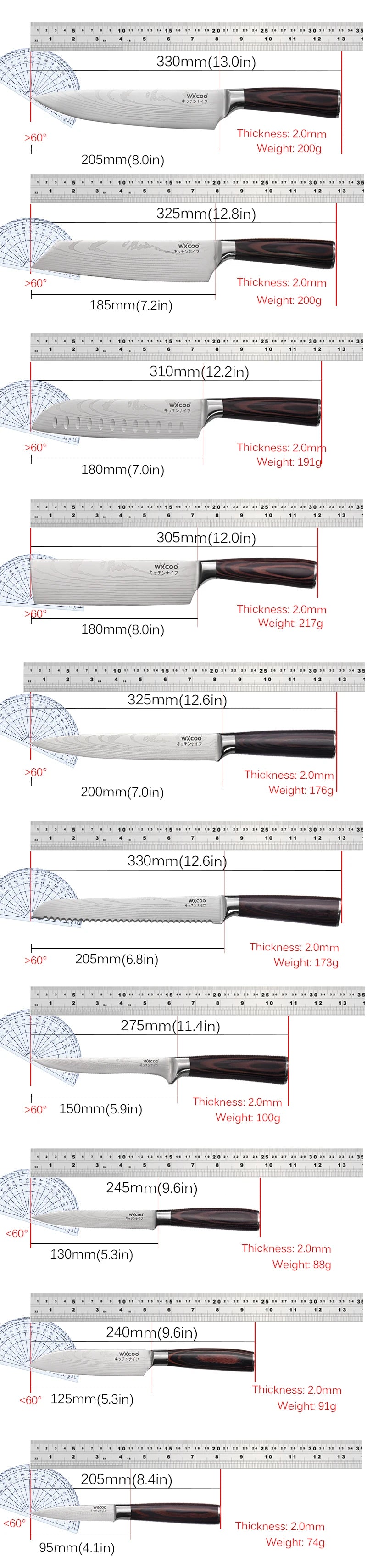WXCOO Japanese Knife Set with Knife Bag Kitchen Knives Damascus Laser Fish Fillet Meat Cleaver Fruit Peeler Santoku Cutter