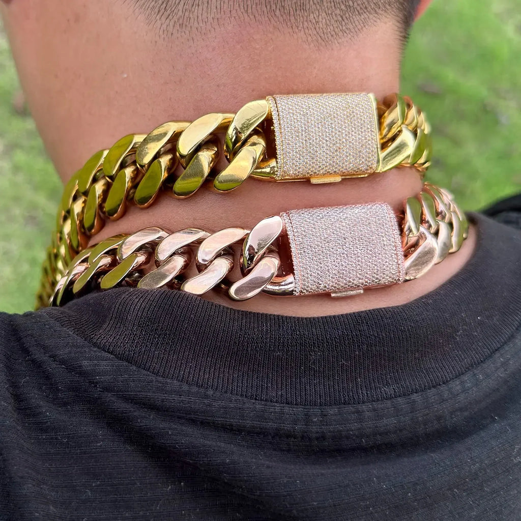 Men's Miami Cuban Link Chain, Heavyweight 316L Stainless Steel with Iced Out Moissanite Clasp, Rose Gold Color Hypoallergenic Never-Fade Finish, 14-22mm Necklaces, Heavy Chain, Chunky Necklace, 18-30 Inch,, Adjustable, Bold W