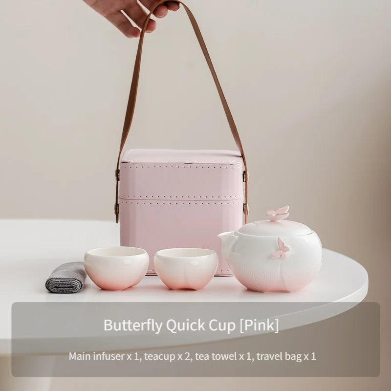 Butterfly-shaped tea set with storage bag, portable camping ceramic teapot suitable for outdoor, travel, and home use