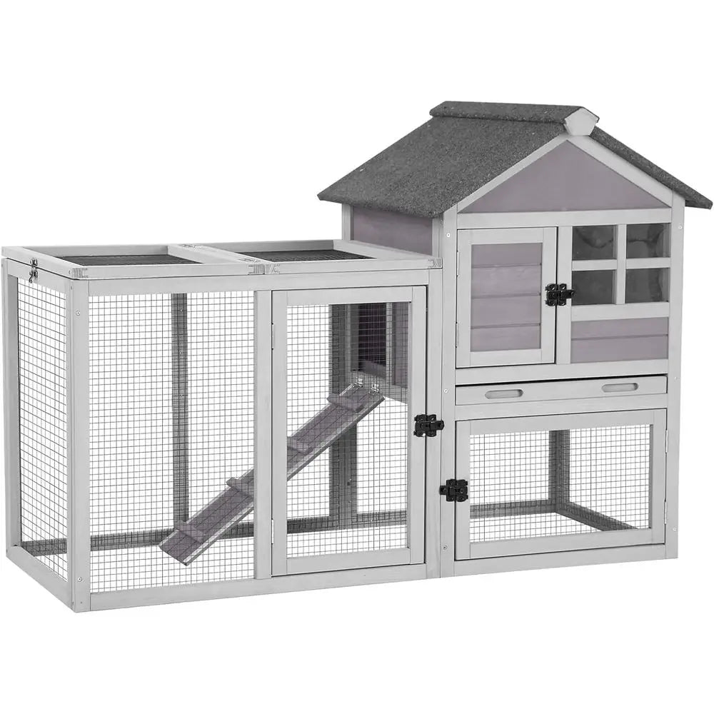 Large Outdoor Indoor Rabbit Hutch with Pull-Out Tray for Chickens, Bunnies, and Guinea Pigs (51.6L x 25.2W x 36.2H, Grey)