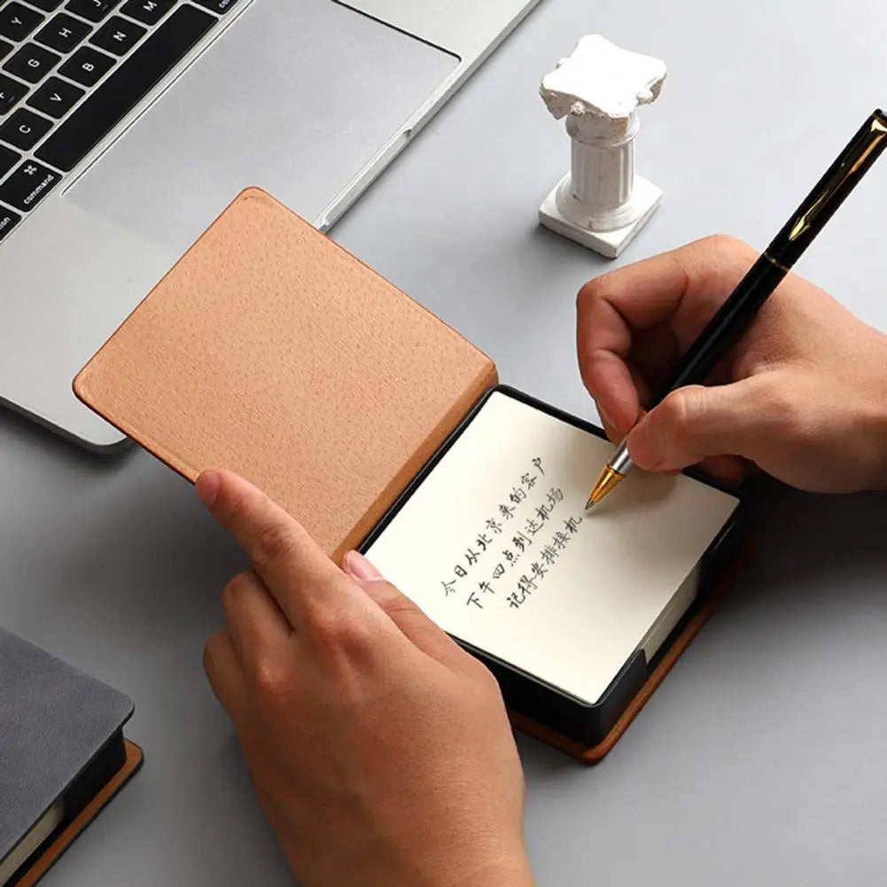 Desk Organizer with Note Paper Note Box with Grooves Imitation Leather Sticky Notes Holder with Lid Cover Name Cards Organizer