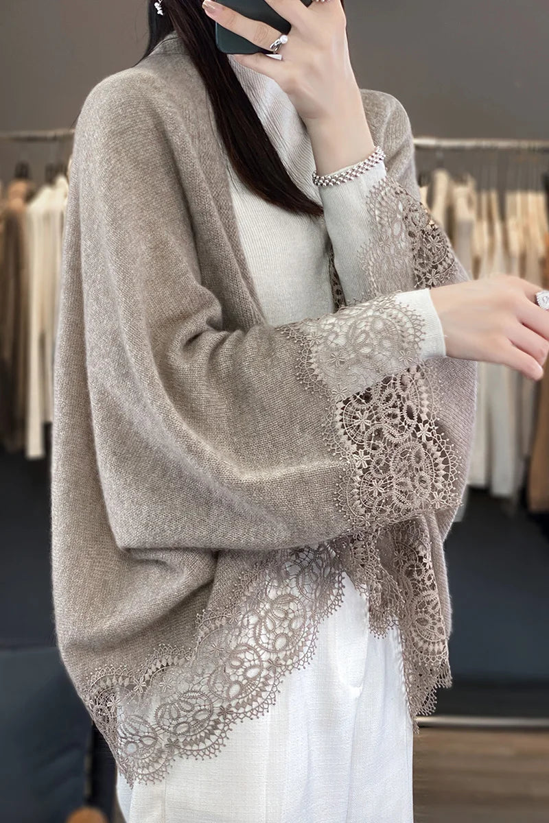 Popular Lace Edge 100% Wool Knitted Shawl Spring Autumn Thin Women's Soft, Skin friendly, Breathable, and Fashionable Cardigan