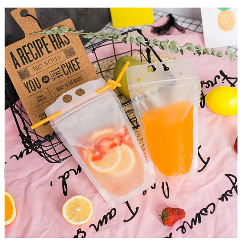 50Pcs Clear Plastic Drinking Packaging Bag Food Fresh Keeping Transparent Beverage Juice Milk Coffee Pouch Zip Bag Without Straw