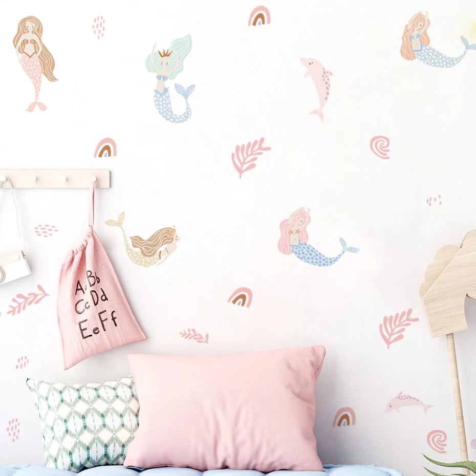 Boho Cartoon Mermaid Seaweed Wall Stickers for Kids Room Bedroom Living Room Home Decoration Wall Decals