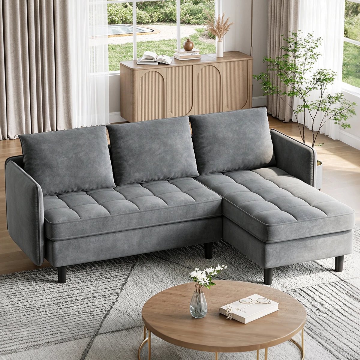 Chenille L-Shaped Sectional Sofa with Storage Ottoman