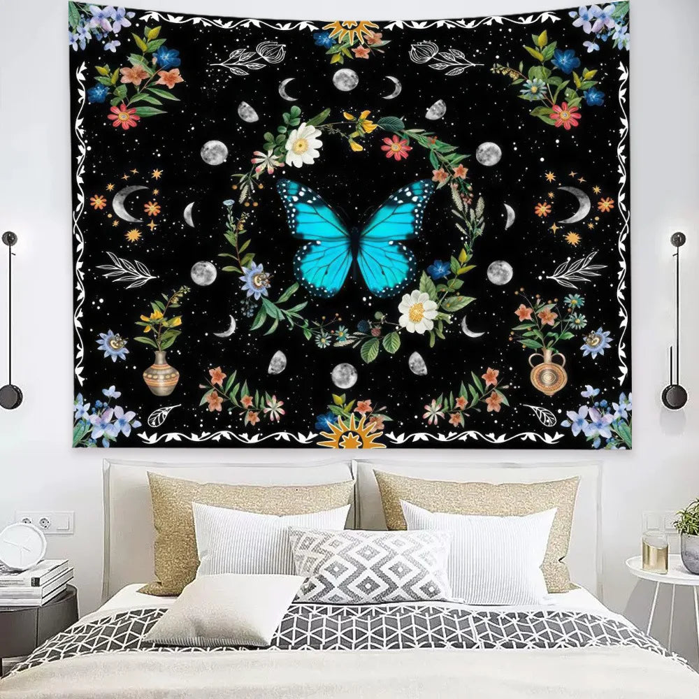 Butterflies and Moths Tapestry Black and White Flower Tapestry Wall Hanging Beach Blanket Romantic Bedroom Dorm Home Decor