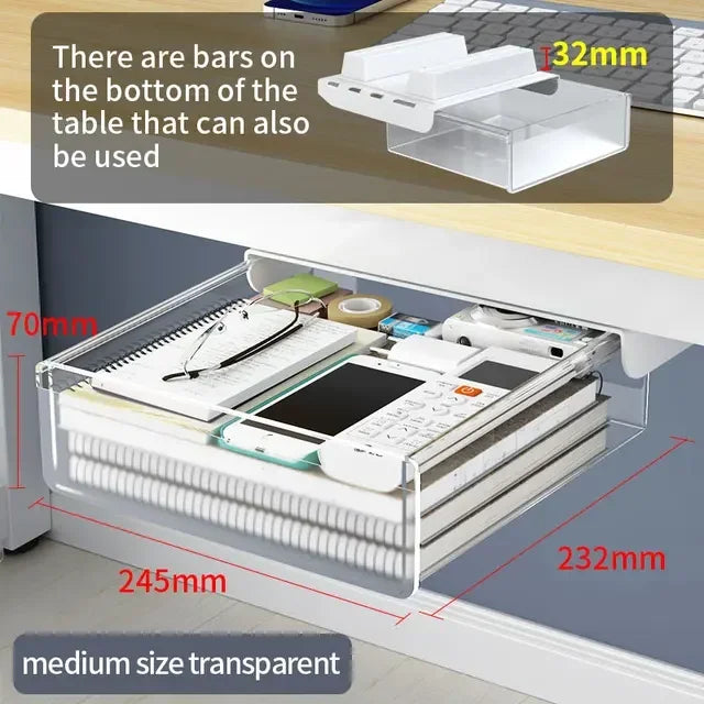Transparent Under Desk Drawer Self Stick Hidden Storage Tray Quiet Pull Out Desk Organizer Accessory