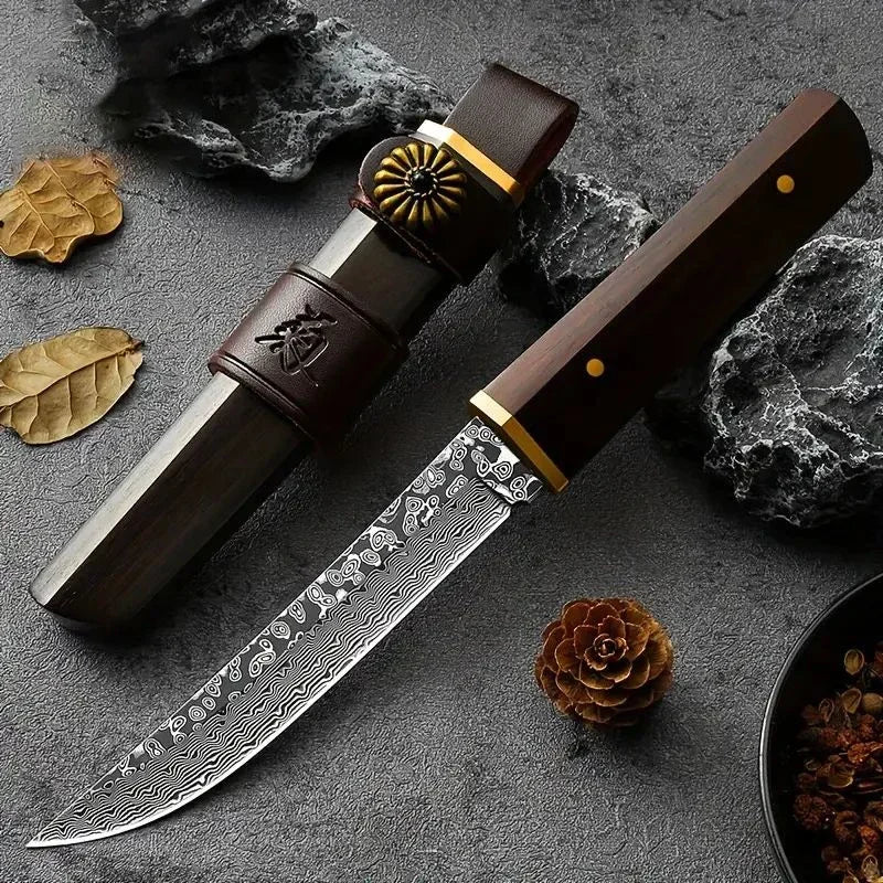 Small knife, Damascus grain solid wood handle fruit knife, 1pcs precision stainless steel easy to carry kitchen knife