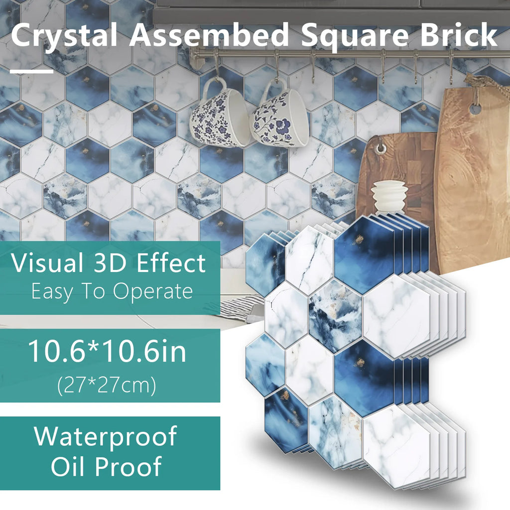 5 Styles Flat Hexagon Marble Embossing Tile Wall Stickers Oil-Proof Kitchen & Bathroom Washbasin Glossy Surface Decorative Mural