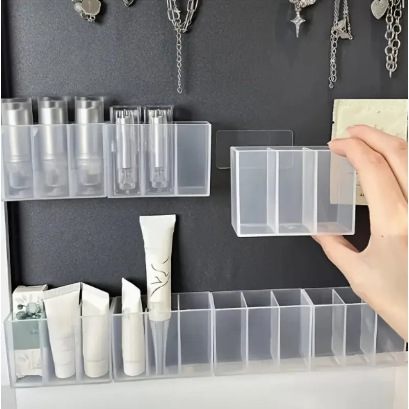 Transparent Wall-Mounted 3-Compartment Organizer - Self-Adhesive Storage Box for Makeup Brushes, Lipstick, Pens - With Shelves