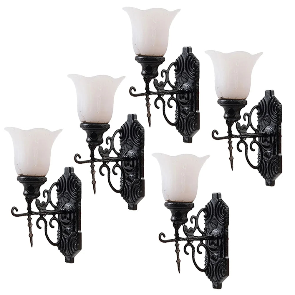5Pcs Stainless Steel Abs Miniature Wall Lamp Models Sand Table Accessories Tiny Lamps For Diorama Decorative Figurines Warm