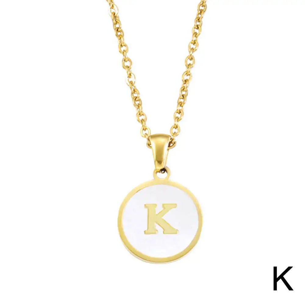 Vintage Initial 26 Letters A To Z White Shell Pendant Necklace Gold Color Steel For Women Men Choker Jewelry Necklace
