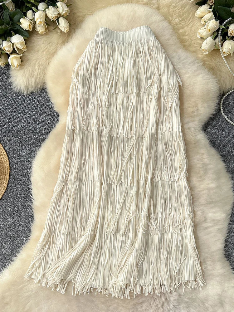LANMREM Fringe Skirts Women Fashion 2025 Spring Summer New Elastic Waist Solid Color Casual Versatile Mid-length Skirt 2DE468