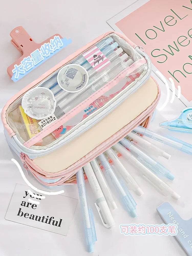 Kawaii Pencil Bag Large Capacity 3 Compartments Pencil Case Pen Pouch Desk Organizer School Supplies Cute Korean Stationery